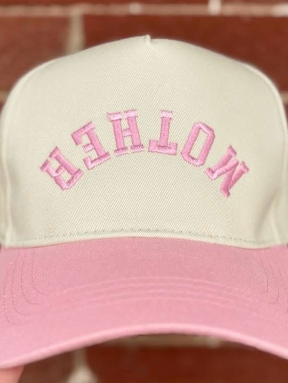 Cream and Pink 'MOTHER' Embroidered Baseball Cap